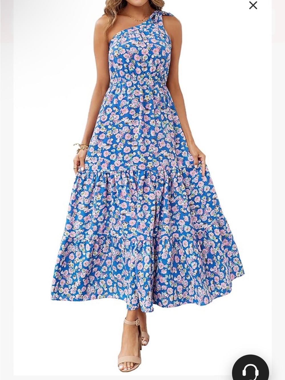 One-Shoulder Blue Floral Maxi Dress with Tie Strap